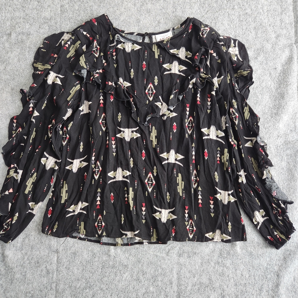 Ariat Western Ruffle Sleeve Top Blouse Women's L Black Skull Cowgirl Rodeo Goth 